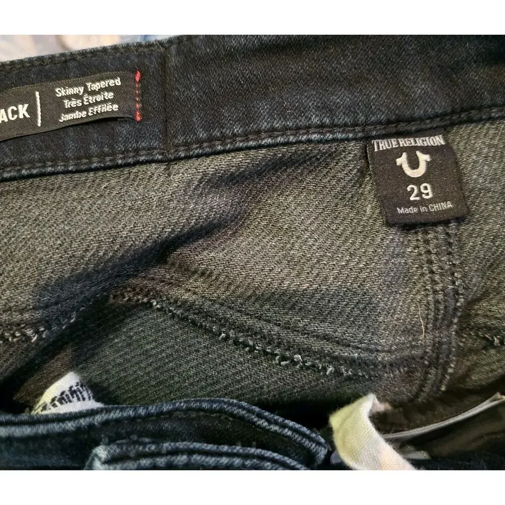 True Religion Men's Jack 29x28 Black Skinny Tapered Jeans Pocket Stitch Denim